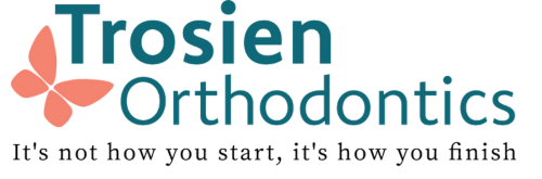 Trosien Orthodontics logo, it has an orange butterfly and says "it's not how you start, it's how you finish"